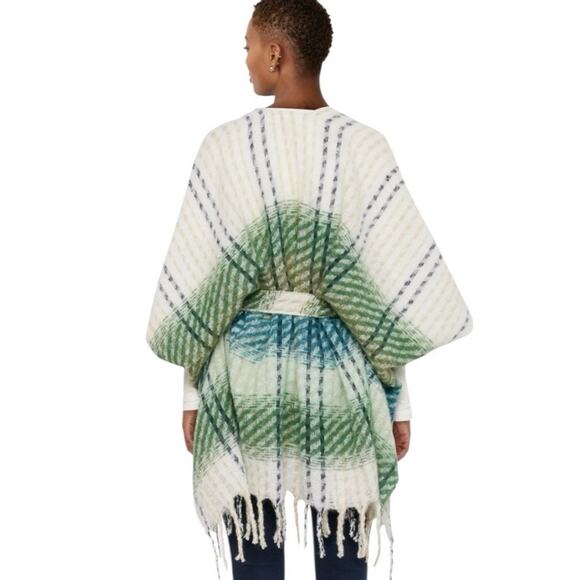 Lauren Conrad Sweater Belted Wrap Shawl Cream Blue Green Plaid Women’s Size OS - Picture 2 of 12